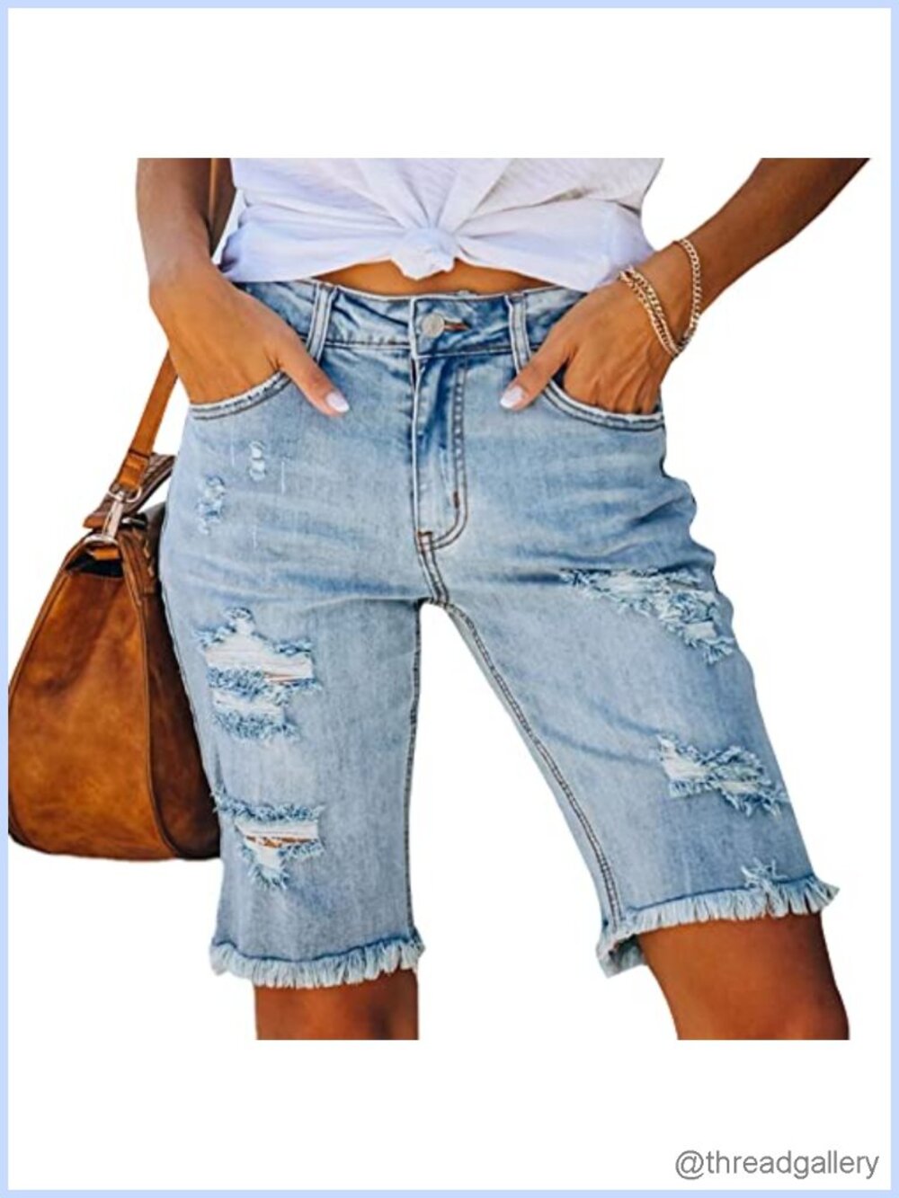 High Waist Distressed Denim Bermuda Shorts, Stretchy Ripped Knee-Length